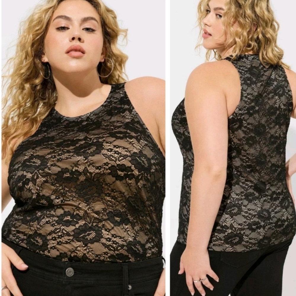 Torrid Black & Tan Lace Sleeveless Tank Top Plus Size 2 Sheer Overlay